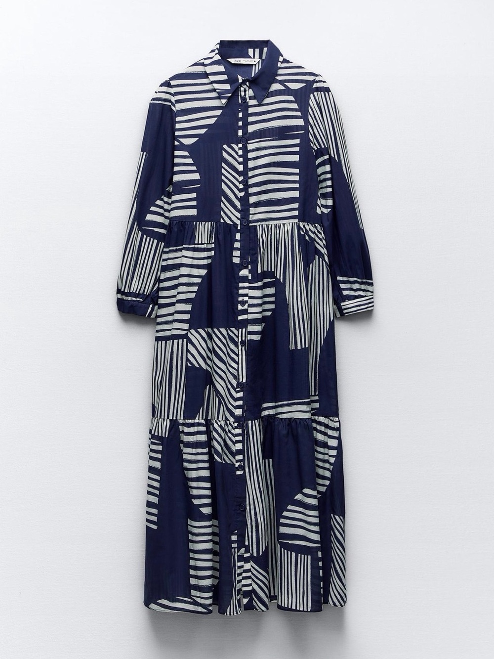 Zara Navy and White Striped Block Midi Shirt Dress